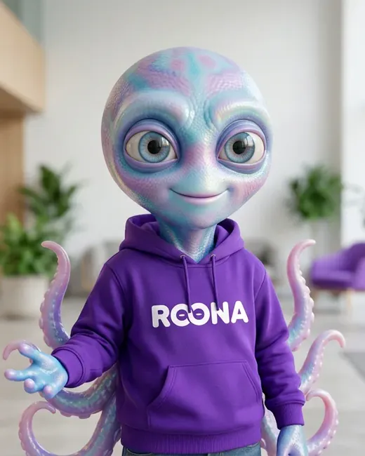 Roona dans un hall d’accueil, la main tendue en signe de bienvenue