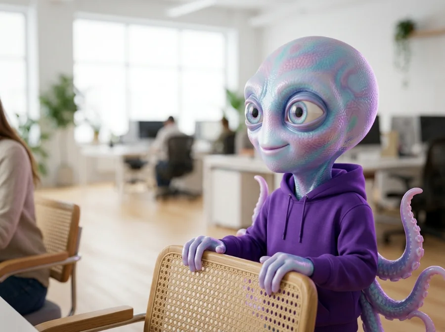 Roona dans les bureaux d’une équipe, entre les postes de travail